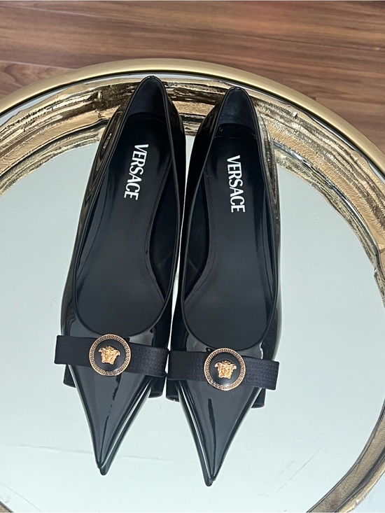 Versace Shoes - Versace Black Patent Pointed Toe Flats with Gold Medusa Medallion